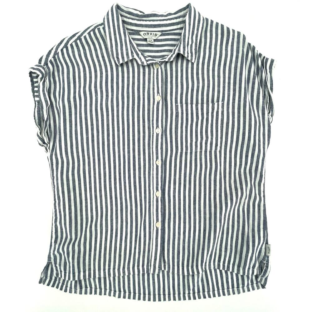Orvis Women’s Linen Blend Button Up Blouse, Sz M Nautical Beach Classic‎ Stripes